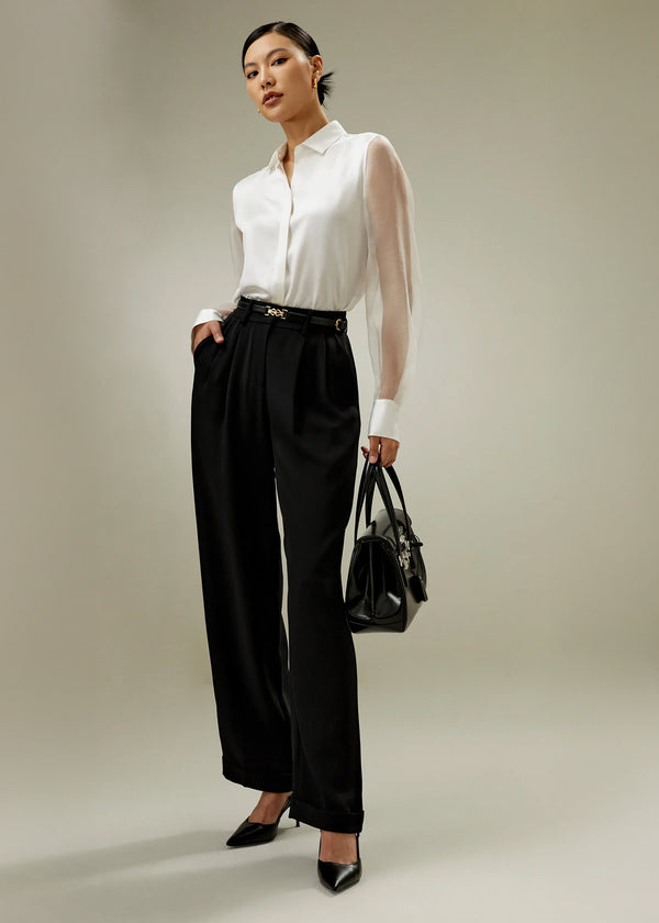 Blouse en Soie Pure Femme – Manches Transparentes – Col Classique Élégant