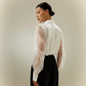 Blouse en Soie Pure Femme – Manches Transparentes – Col Classique Élégant