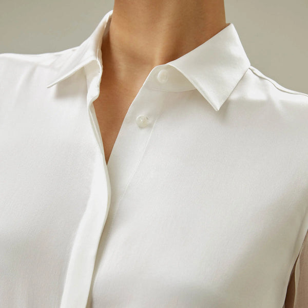 Blouse en Soie Pure Femme – Manches Transparentes – Col Classique Élégant