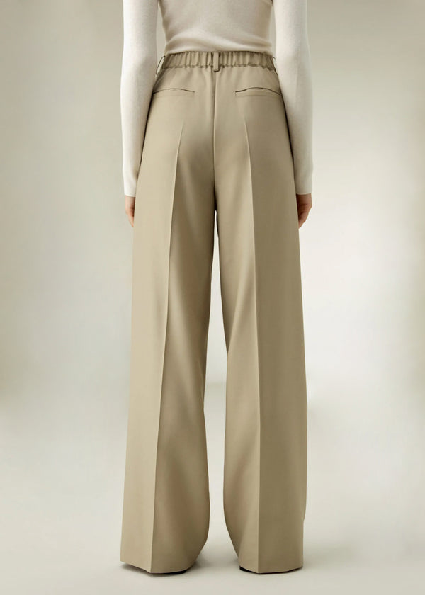 Pantalon Taille Haute en Laine et Soie – Coupe Longue Évasée Élégante