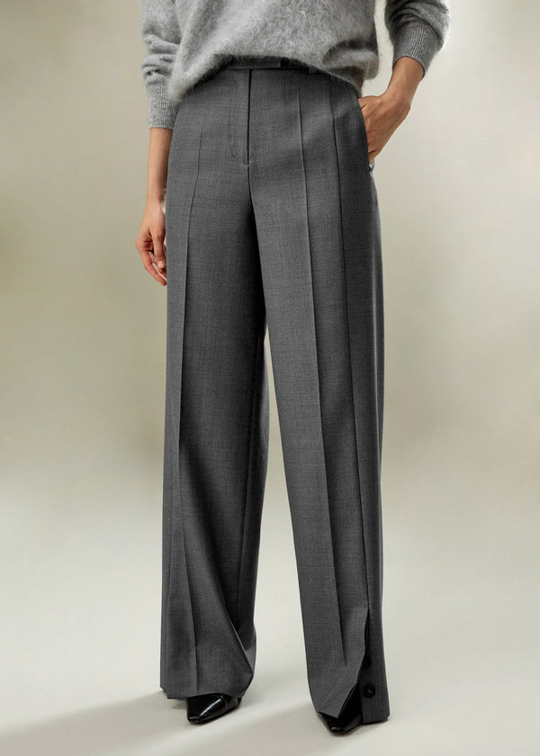 Pantalon Taille Haute en Laine et Soie – Coupe Longue Évasée Élégante