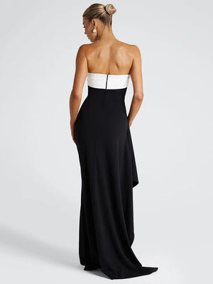 Robe de Soirée Longue Bicolore – Bustier Sexy & Fente Haute