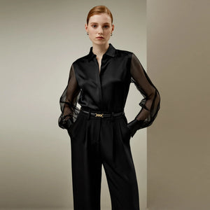 Blouse en Soie Pure Femme – Manches Transparentes – Col Classique Élégant
