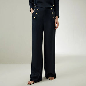 Pantalon Palazzo en Soie Crêpe de Chine – Boutons Dorés