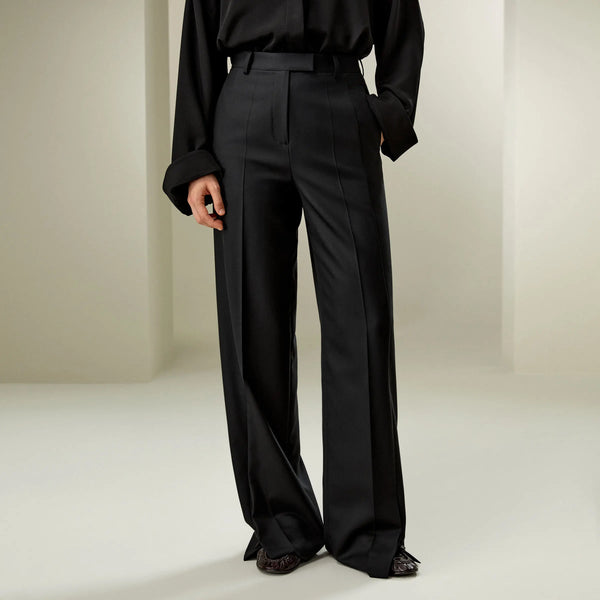 Pantalon Taille Haute en Laine et Soie – Coupe Longue Évasée Élégante