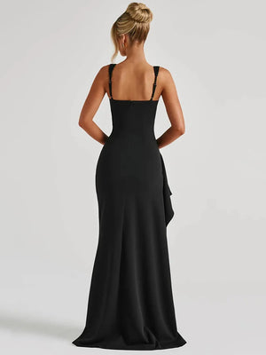 Robe Longue Noire Sexy Sans Manches – Fente Haute & Dos Nu