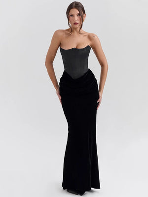 Robe Longue Corset en Velours – Décolleté Épaules Nues & Élégance Sculptée