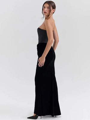 Robe Longue Corset en Velours – Décolleté Épaules Nues & Élégance Sculptée