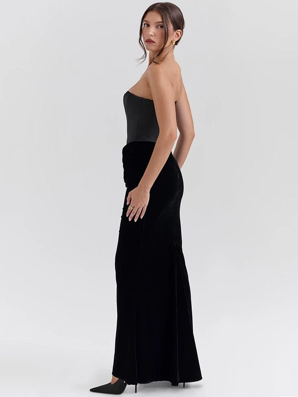 Robe Longue Corset en Velours – Décolleté Épaules Nues & Élégance Sculptée