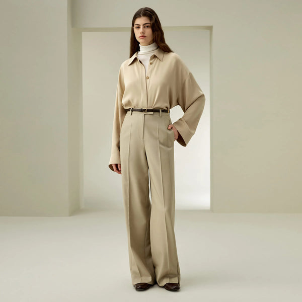 Pantalon Taille Haute en Laine et Soie – Coupe Longue Évasée Élégante