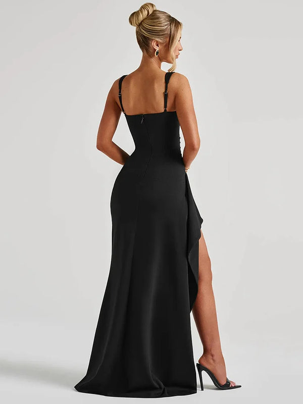 Robe Longue Noire Sexy Sans Manches – Fente Haute & Dos Nu