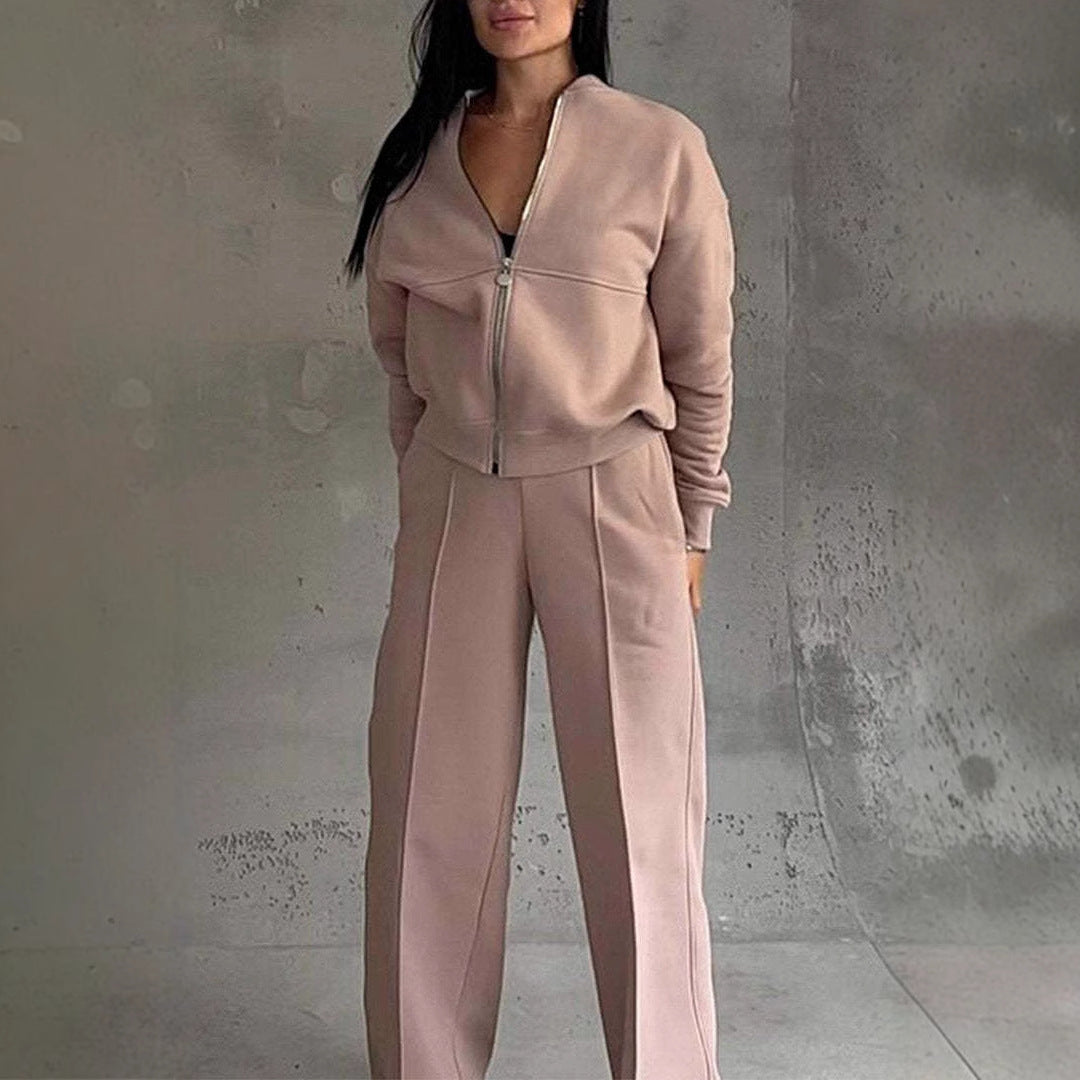 Ensemble Chic Minimaliste - Veste Zippée et Pantalon Évasé