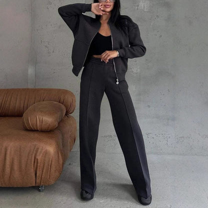 Ensemble Chic Minimaliste - Veste Zippée et Pantalon Évasé