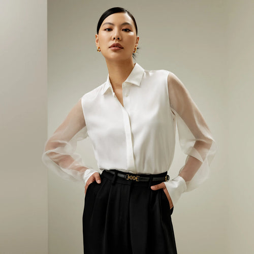 Blouse en Soie Pure Femme – Manches Transparentes – Col Classique Élégant