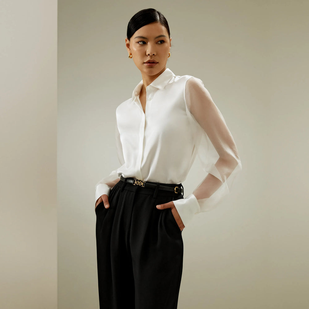 Blouse en Soie Pure Femme – Manches Transparentes – Col Classique Élégant