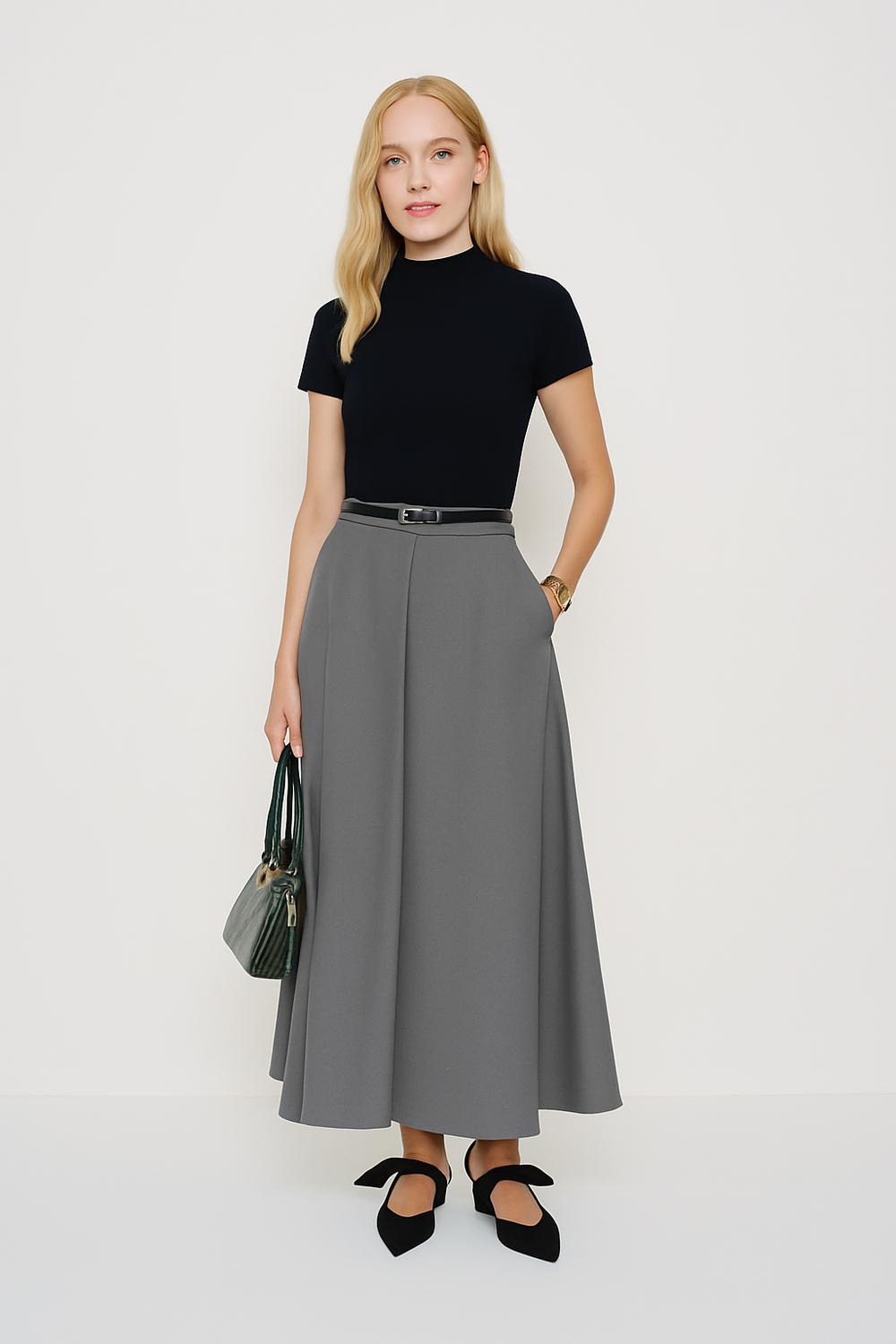 Jupe Évasée Midi en Maille Gris Fumé – Élégance Minimaliste & Coupe Flottante