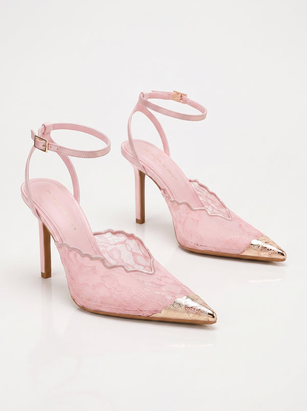 L'Escarpin Dentelle — Talon Aiguille Rose Embout Doré