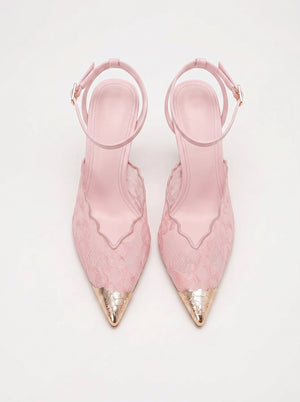 L'Escarpin Dentelle — Talon Aiguille Rose Embout Doré