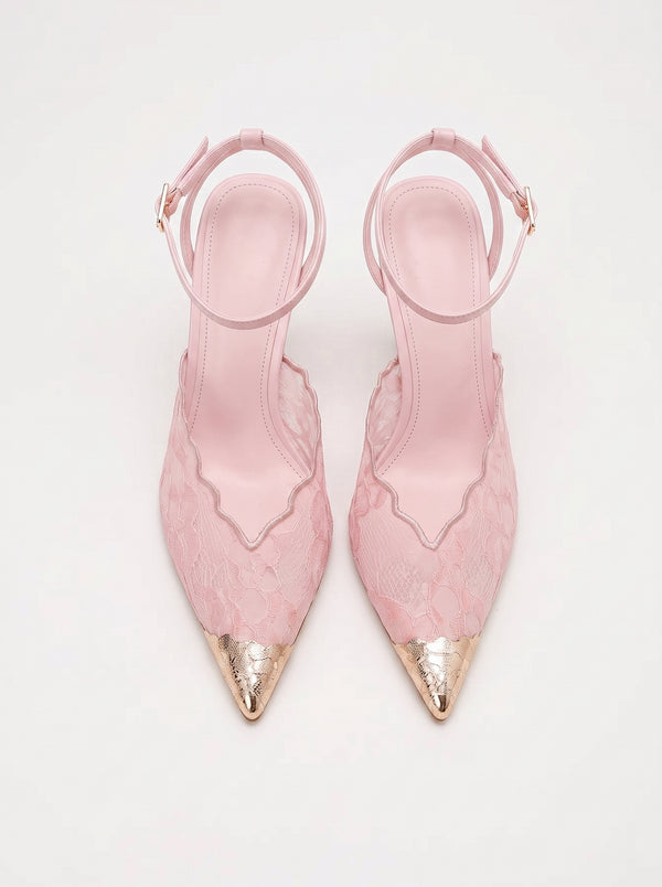 L'Escarpin Dentelle — Talon Aiguille Rose Embout Doré