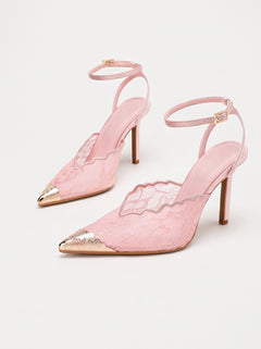 L'Escarpin Dentelle — Talon Aiguille Rose Embout Doré