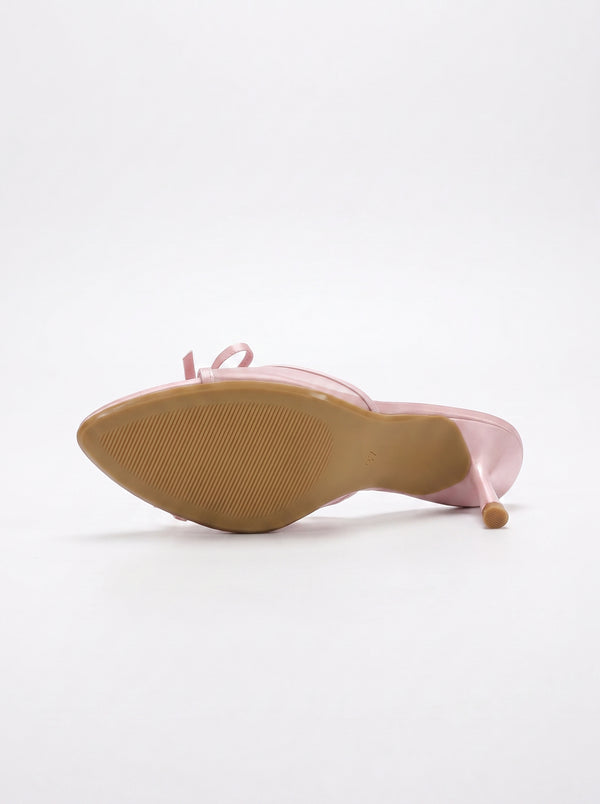 La Mule Nœud — Talon Aiguille Satin Rose Nœud Papillon