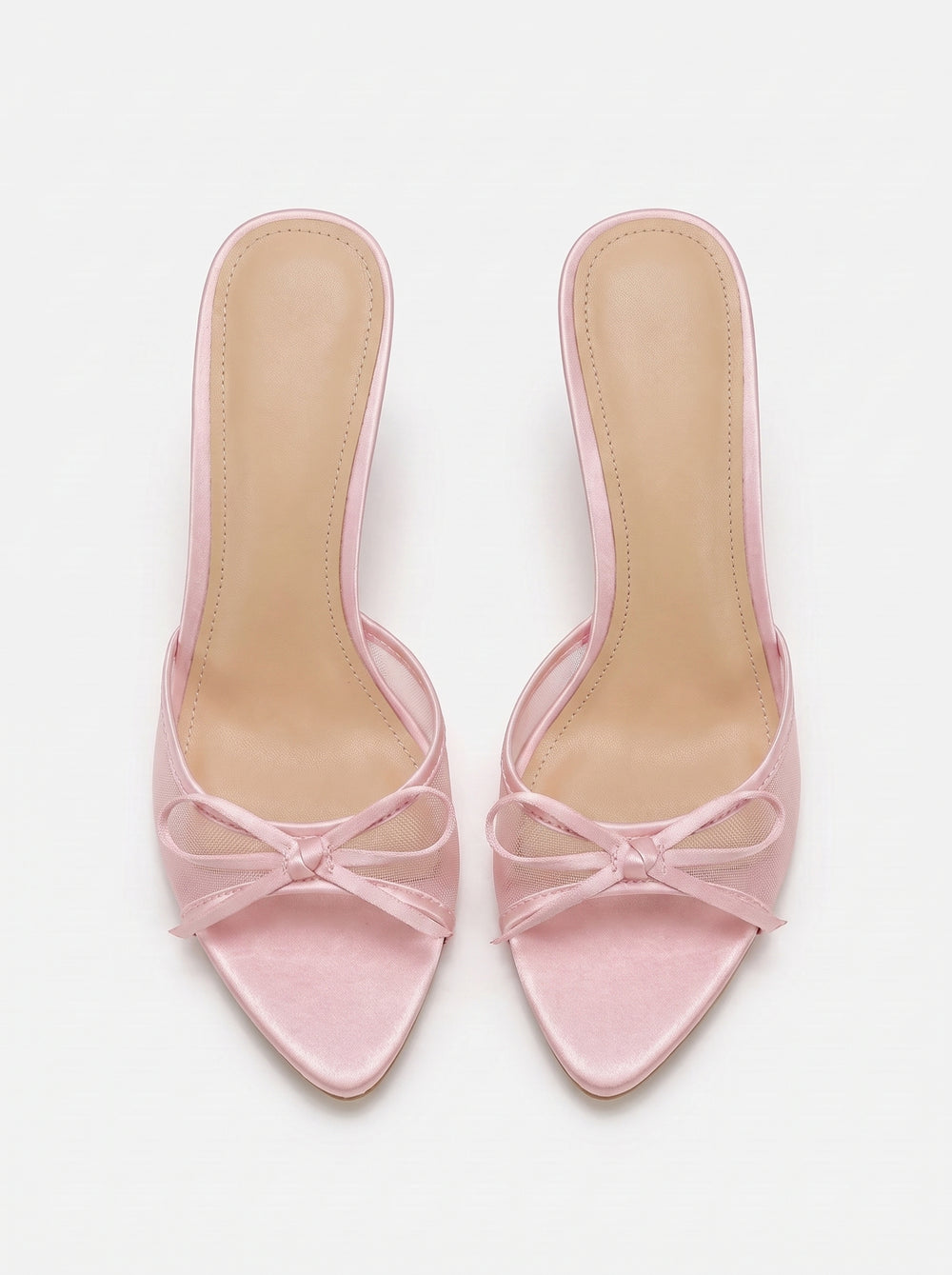 La Mule Nœud — Talon Aiguille Satin Rose Nœud Papillon