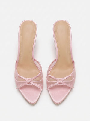 La Mule Nœud — Talon Aiguille Satin Rose Nœud Papillon