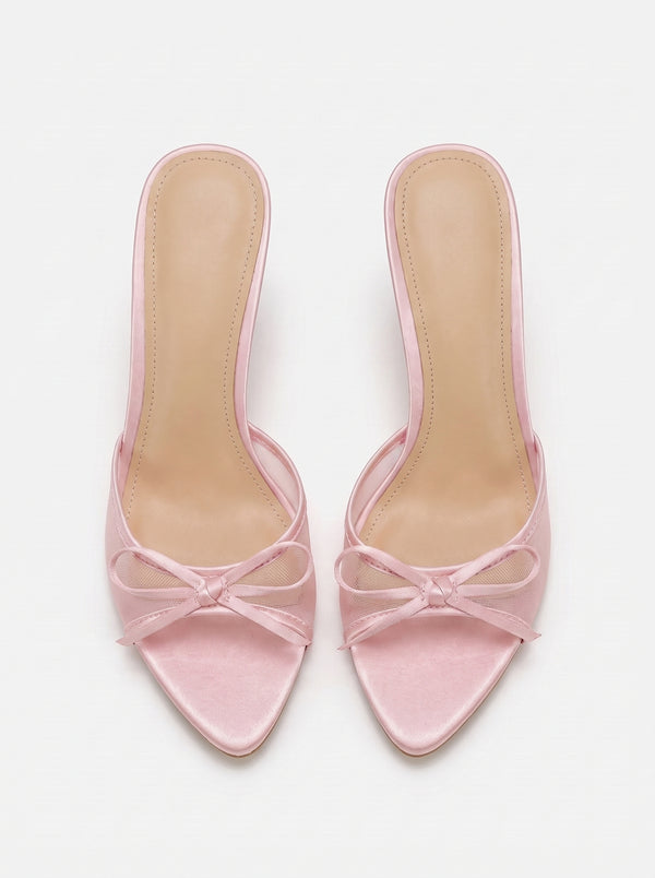 La Mule Nœud — Talon Aiguille Satin Rose Nœud Papillon
