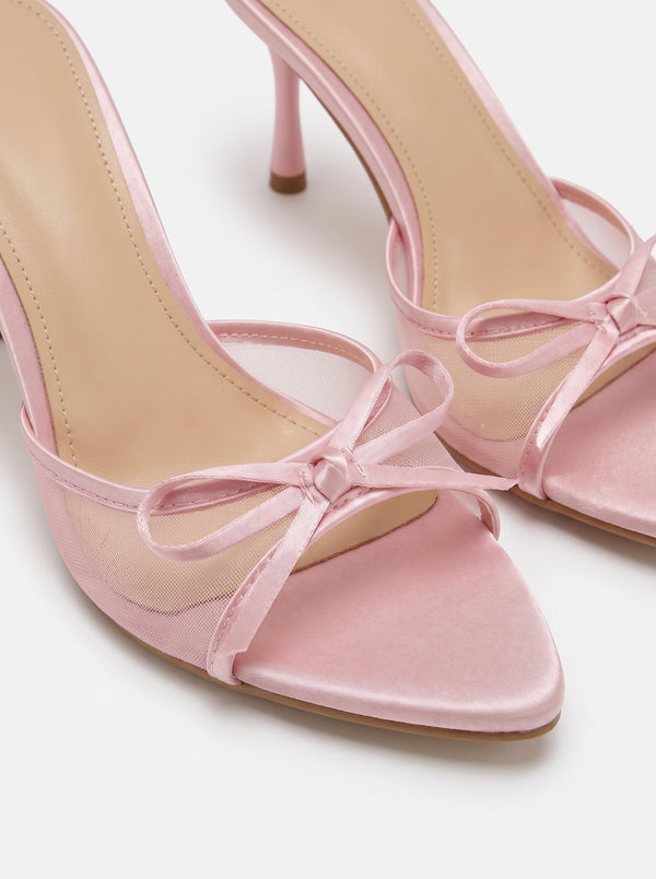 La Mule Nœud — Talon Aiguille Satin Rose Nœud Papillon