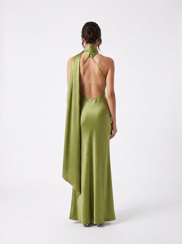 La Robe Olive — Robe Halter Longue Dos Nu Satiné
