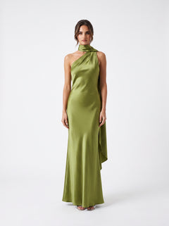 La Robe Olive — Robe Halter Longue Dos Nu Satiné