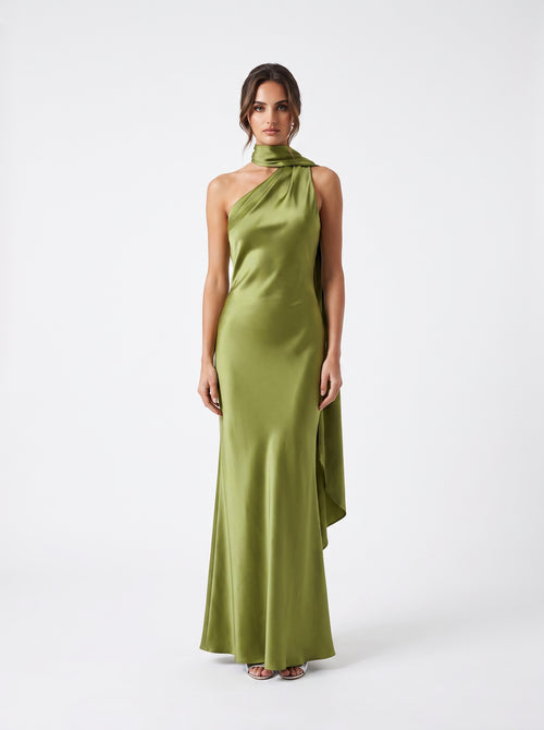 La Robe Olive — Robe Halter Longue Dos Nu Satiné