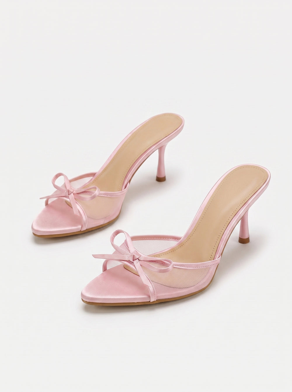 La Mule Nœud — Talon Aiguille Satin Rose Nœud Papillon