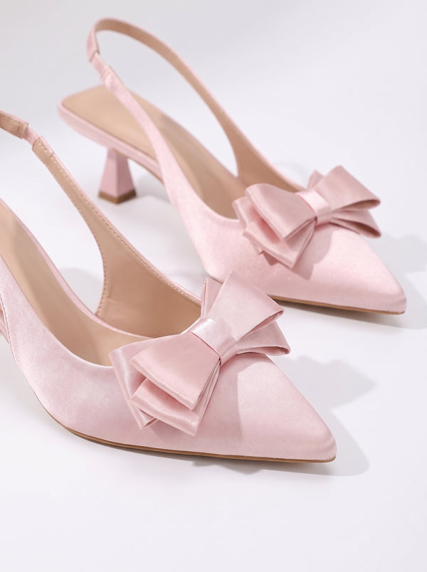 Le Slingback Nœud —  Satin Rose Talon Bloc Nœud Papillon
