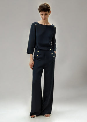 Pantalon Palazzo en Soie Crêpe de Chine – Boutons Dorés