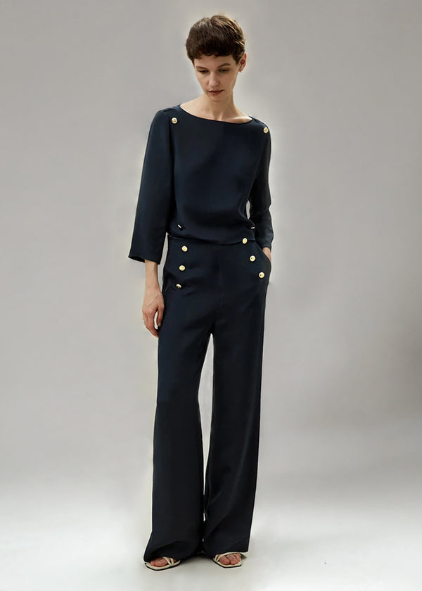 Pantalon Palazzo en Soie Crêpe de Chine – Boutons Dorés
