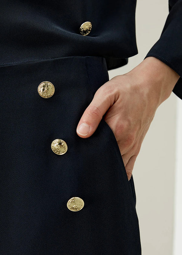 Pantalon Palazzo en Soie Crêpe de Chine – Boutons Dorés