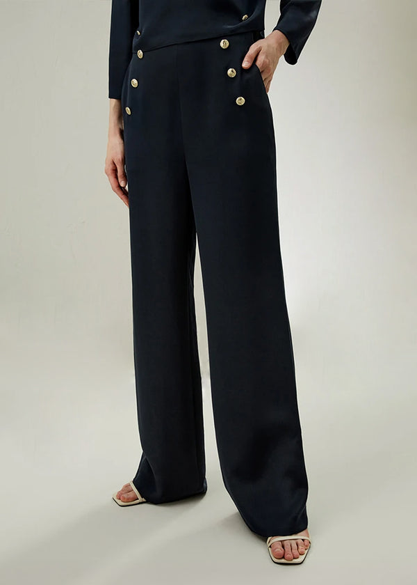 Pantalon Palazzo en Soie Crêpe de Chine – Boutons Dorés