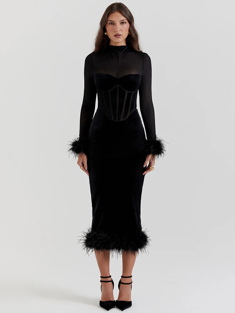 Robe Midi Noire à Corset Transparent & Finitions Plumes –  Haute Couture