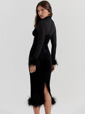 Robe Midi Noire à Corset Transparent & Finitions Plumes –  Haute Couture