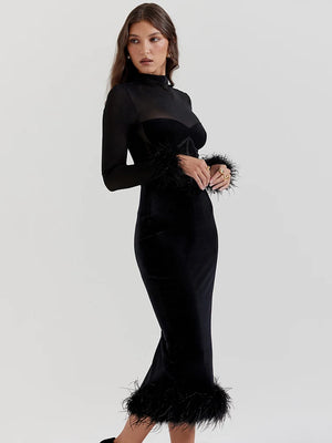 Robe Midi Noire à Corset Transparent & Finitions Plumes –  Haute Couture