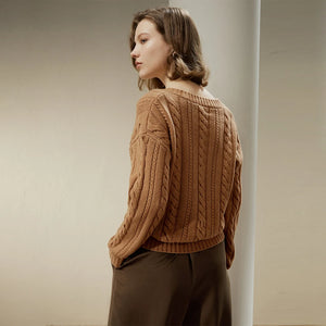 Pull Drapé Col V en Maille Torsadée – Laine & Cachemire