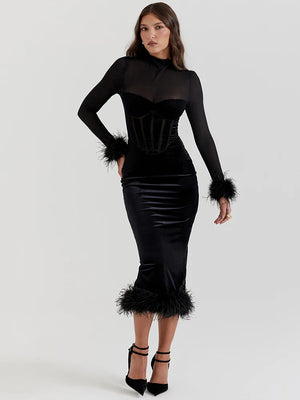 Robe Midi Noire à Corset Transparent & Finitions Plumes –  Haute Couture