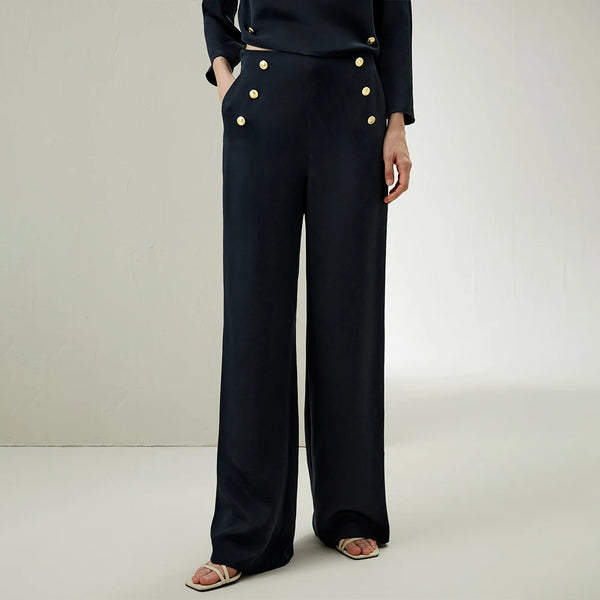 Pantalon Palazzo en Soie Crêpe de Chine – Boutons Dorés