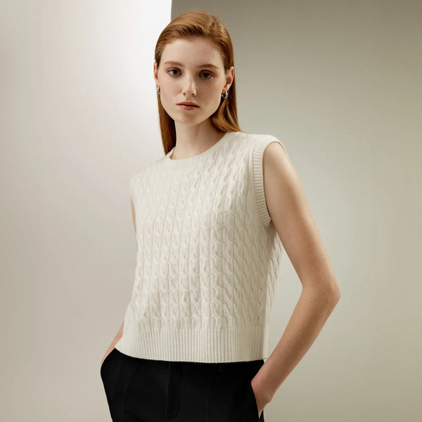 Top Sans Manches en Pur Cachemire – Torsades Sculptées & Élégance Intemporelle