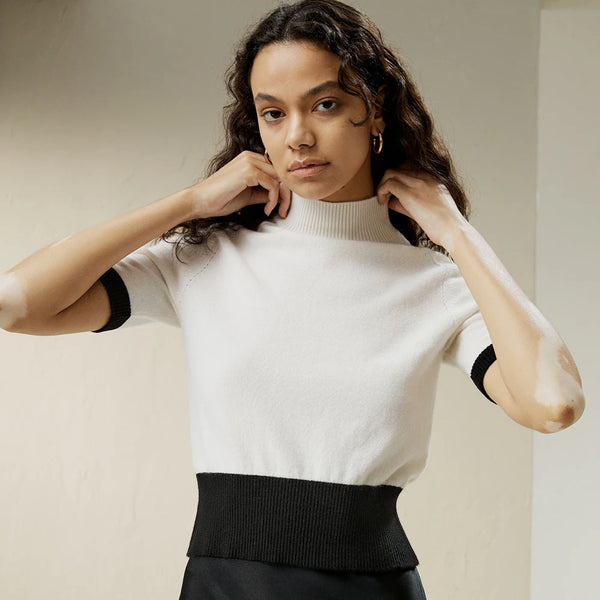 Pull Court Femme en 100% Cachemire – Col Montant et Manches Courtes Élégantes