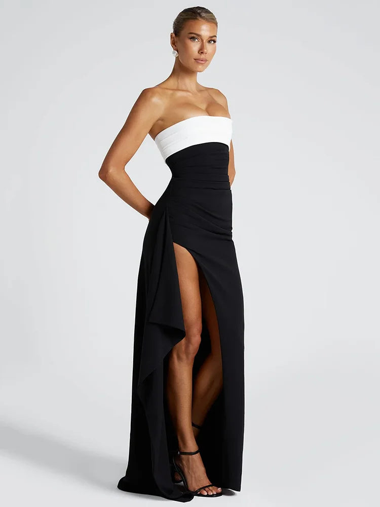 Robe de Soirée Longue Bicolore – Bustier Sexy & Fente Haute
