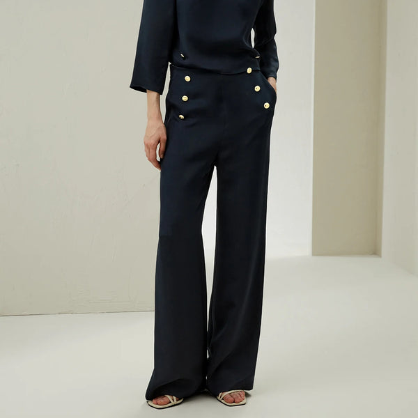 Pantalon Palazzo en Soie Crêpe de Chine – Boutons Dorés