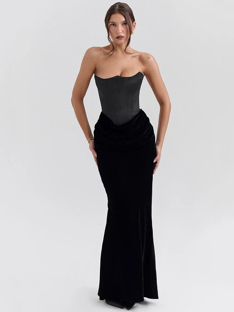 Robe Longue Corset en Velours – Décolleté Épaules Nues & Élégance Sculptée