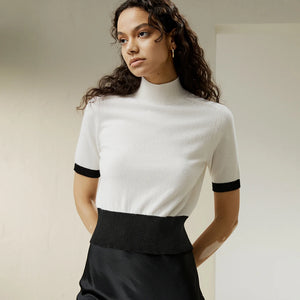 Pull Court Femme en 100% Cachemire – Col Montant et Manches Courtes Élégantes